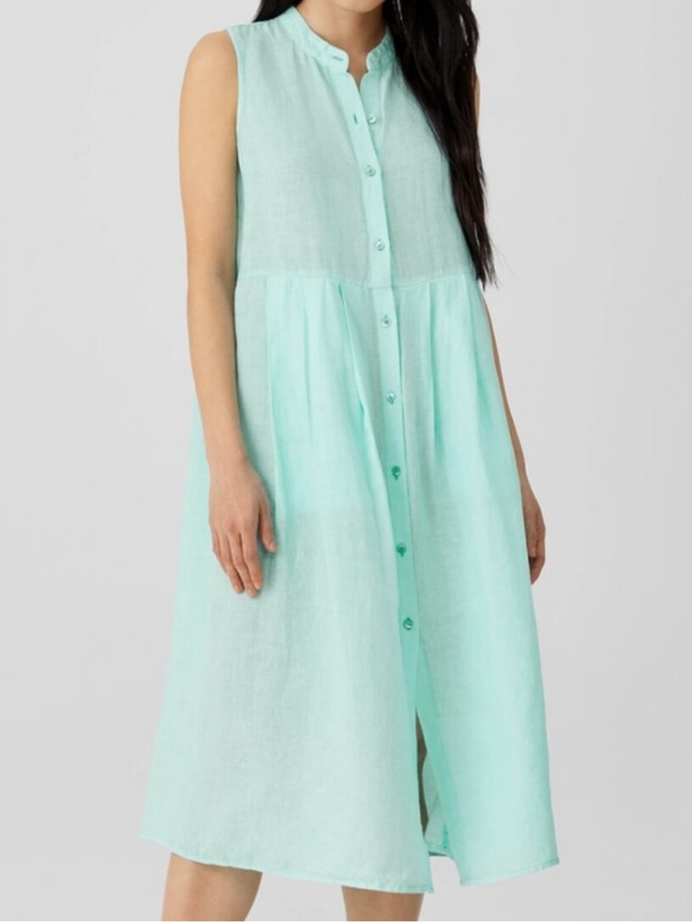 Eileen Fisher Sleeveless Linen Button-Front Dress in Aqua